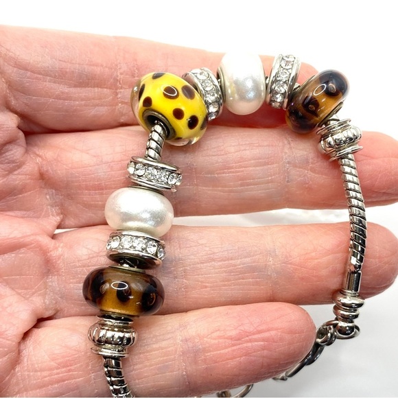 European Style Beads Brown Silver Rhinestone Bracelet - Picture 7 of 8